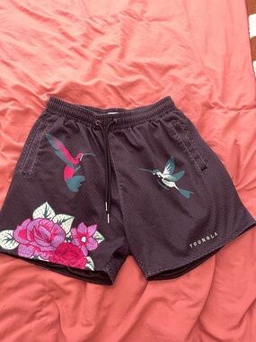 YoungLA Black Athletic Shorts with Pink Floral & Teal Hummingbird Accents
